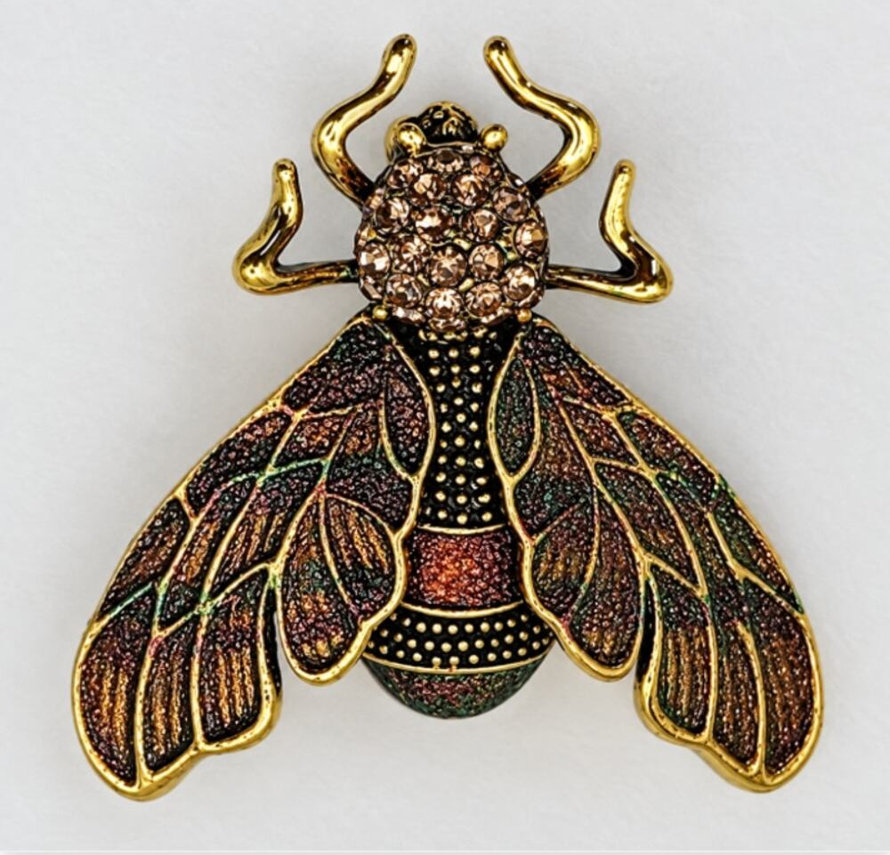 Gold Tone Cicada Insect Brooch Pin Iridescent Multi color Wings Rhinestone Head